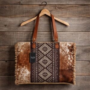 Myra Bag Brown and Cream Suede Patterned Tote